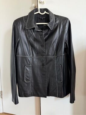 Black Leather Jacket with white stitching detail David Meister size 12